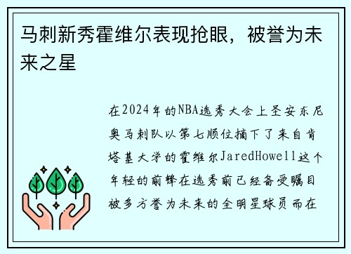 马刺新秀霍维尔表现抢眼，被誉为未来之星