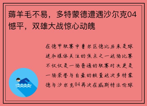 薅羊毛不易，多特蒙德遭遇沙尔克04憾平，双雄大战惊心动魄