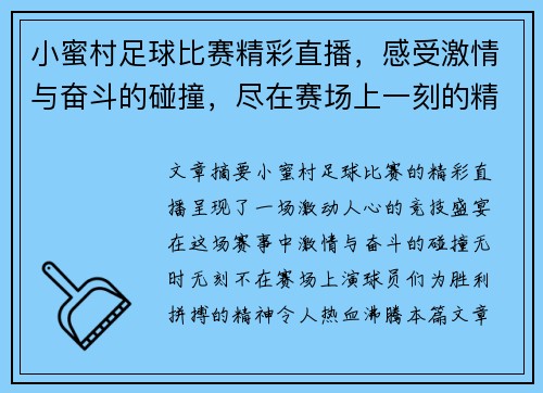 小蜜村足球比赛精彩直播，感受激情与奋斗的碰撞，尽在赛场上一刻的精彩纷呈